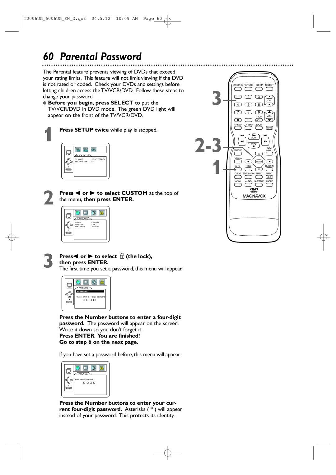 Magnavox 27MDTR20 owner manual Parental Password, Before you begin, press Select to put 