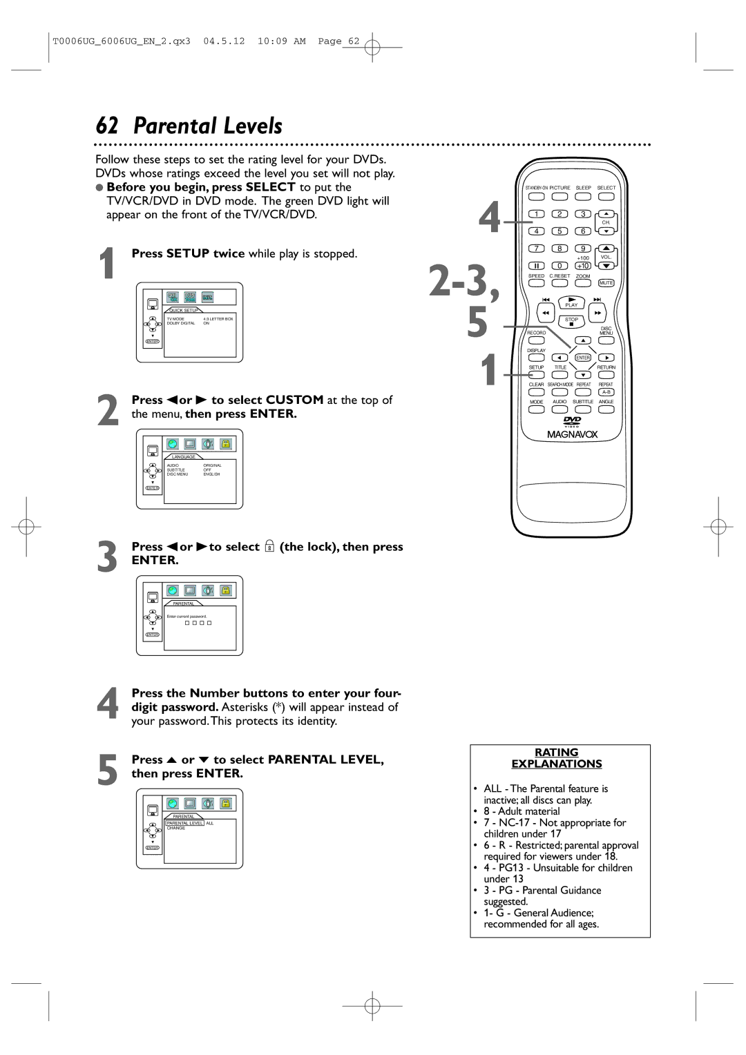 Magnavox 27MDTR20 owner manual Parental Levels, Follow these steps to set the rating level for your DVDs 