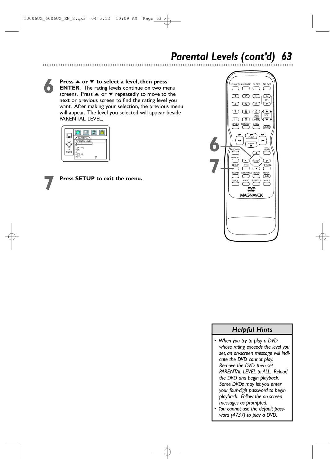 Magnavox 27MDTR20 owner manual Parental Levels cont’d 