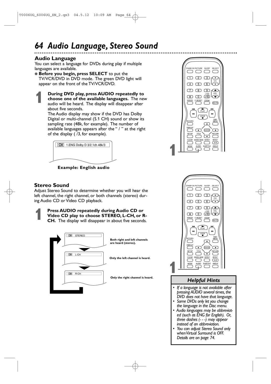 Magnavox 27MDTR20 owner manual Audio Language, Stereo Sound 