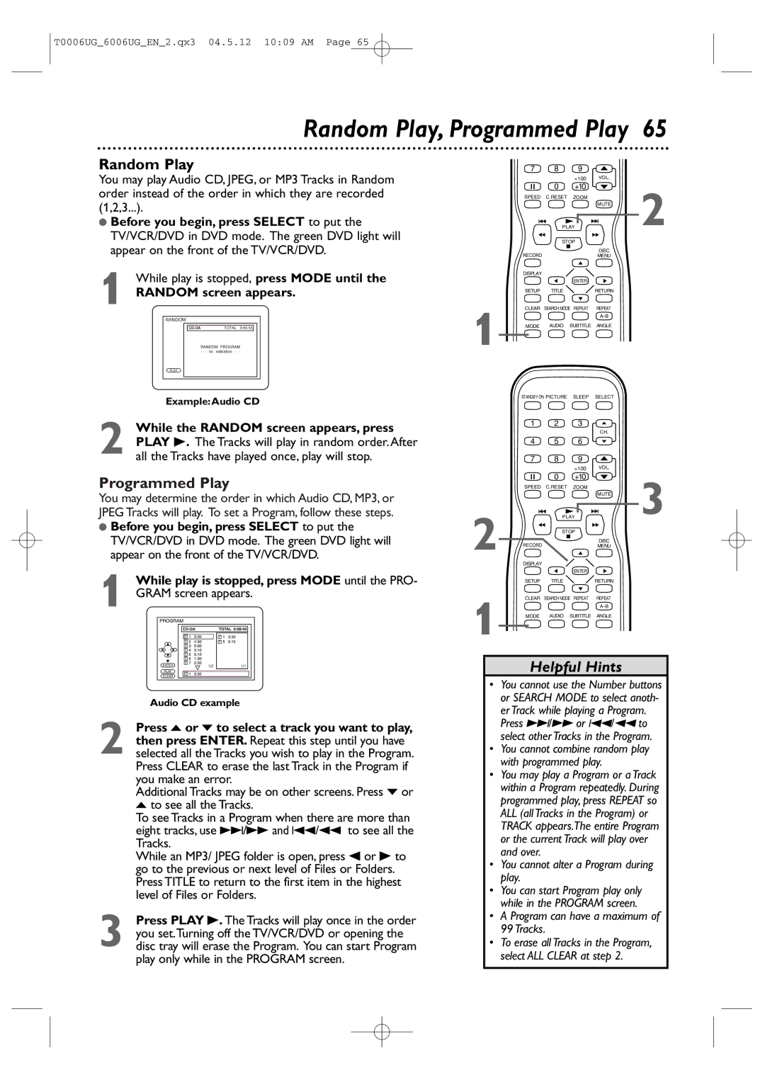 Magnavox 27MDTR20 owner manual Random Play, Programmed Play, Random screen appears 