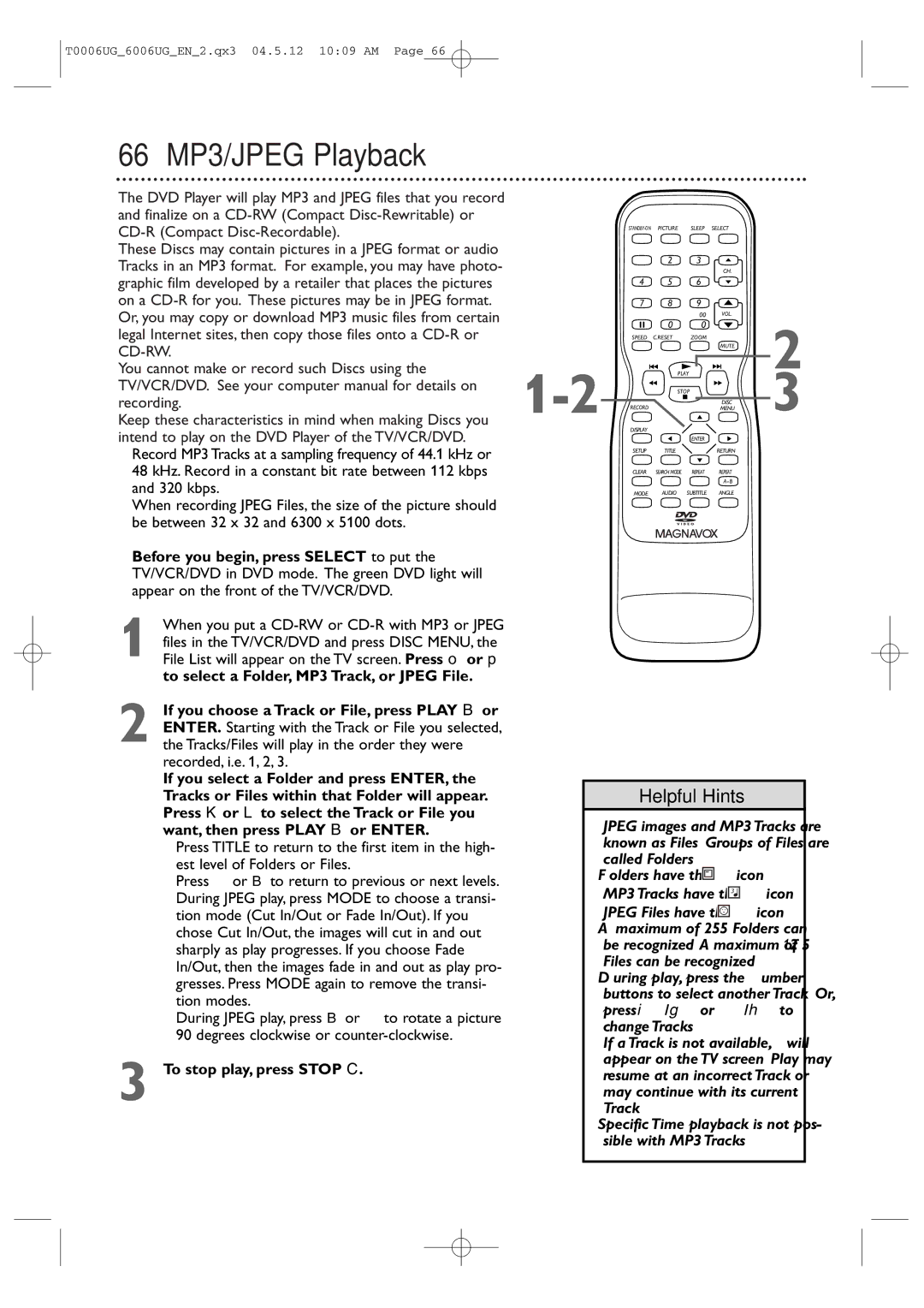 Magnavox 27MDTR20 owner manual 66 MP3/JPEG Playback, To stop play, press Stop C 