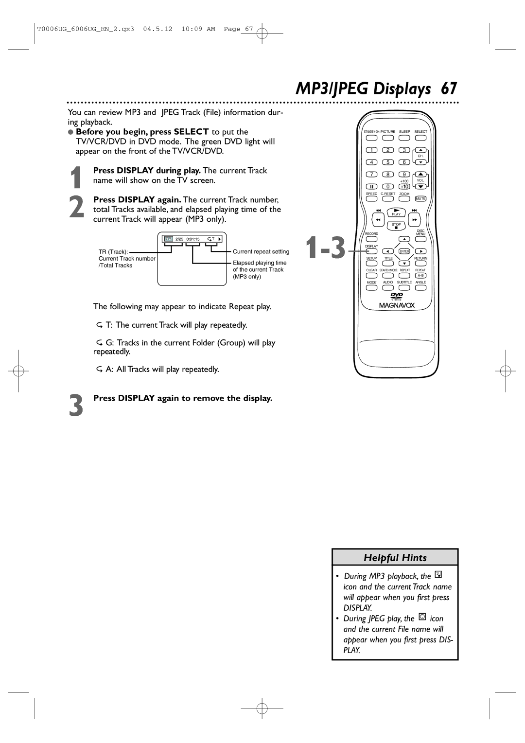 Magnavox 27MDTR20 owner manual MP3/JPEG Displays, Press Display again to remove the display, During MP3 playback 