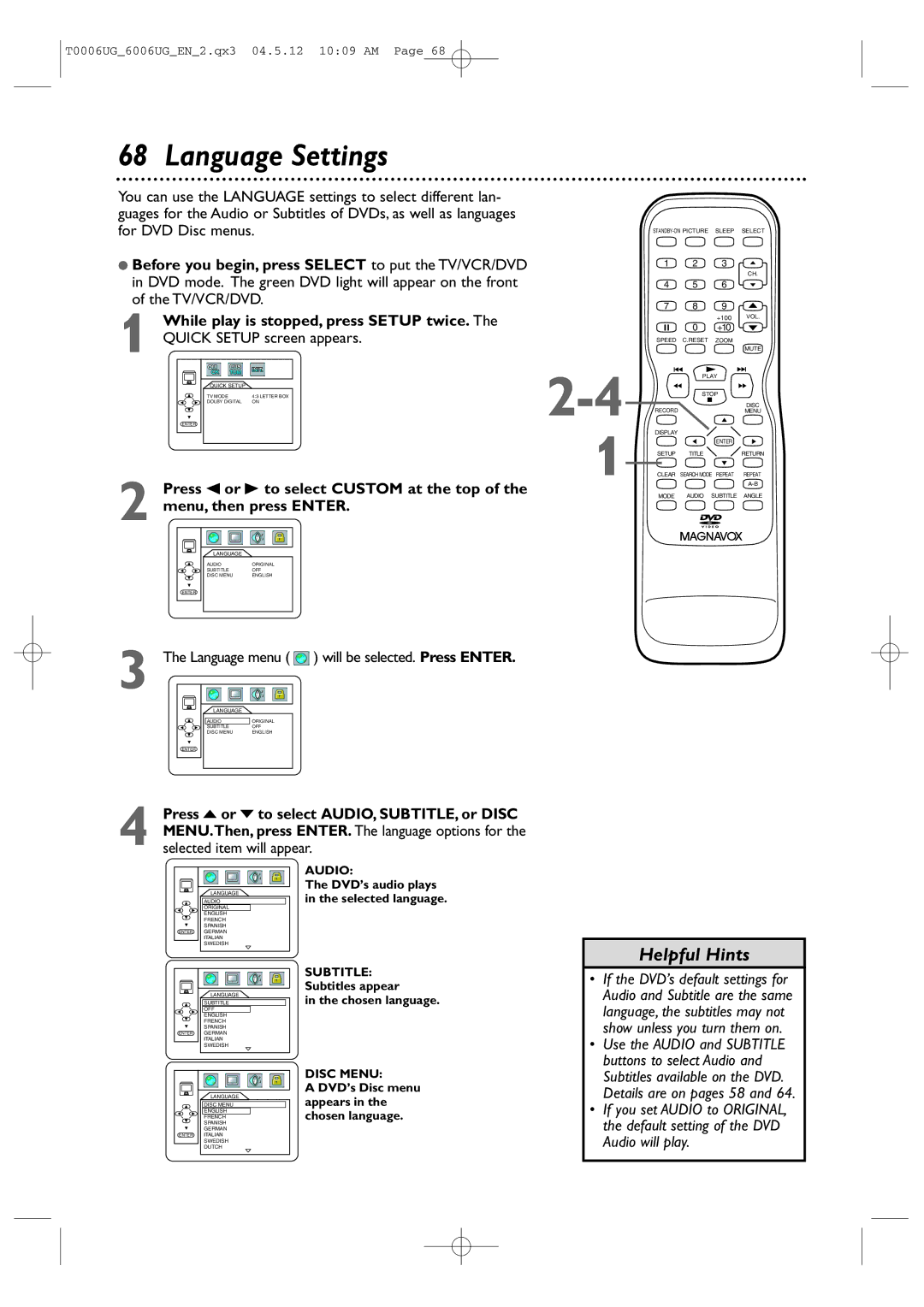 Magnavox 27MDTR20 owner manual Language Settings, Language menu Will be selected. Press Enter 