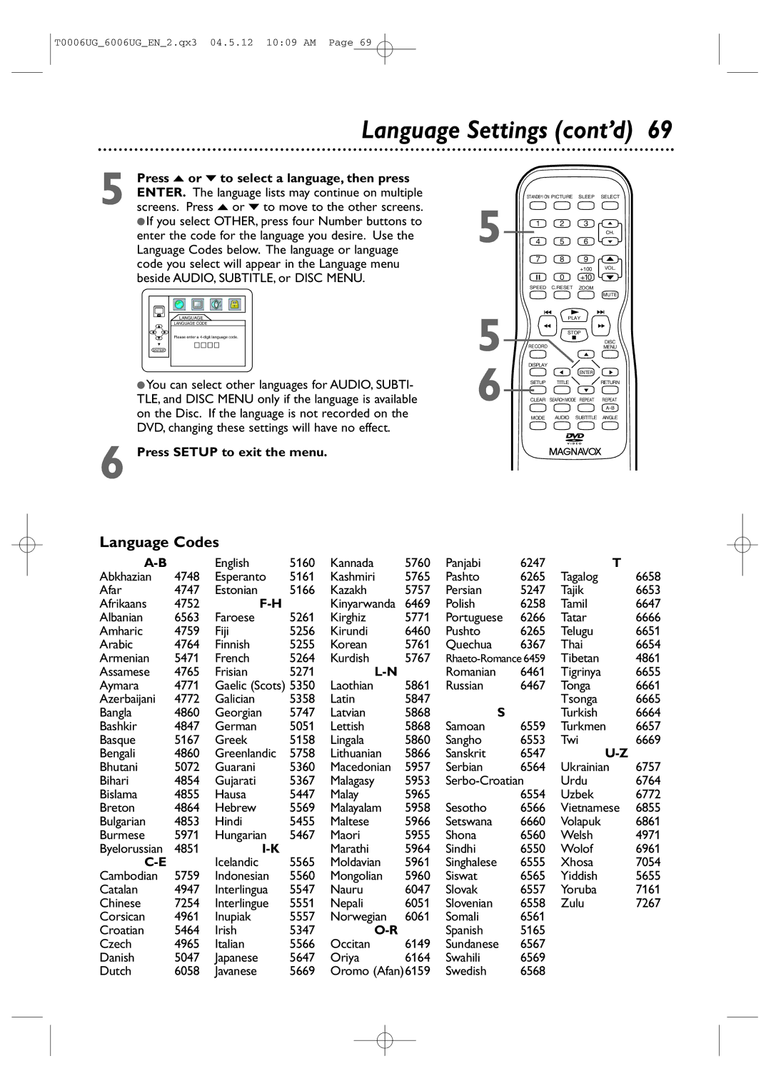 Magnavox 27MDTR20 owner manual Language Settings cont’d, Language Codes 