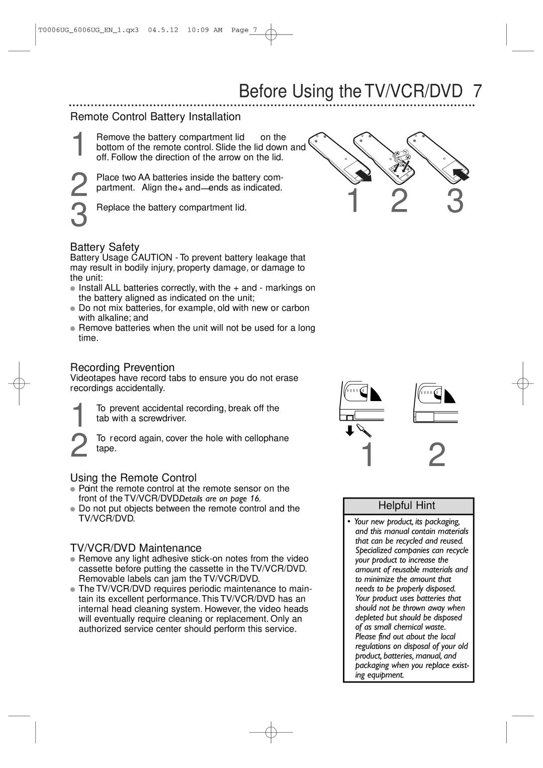 Magnavox 27MDTR20 owner manual Before Using the TV/VCR/DVD 