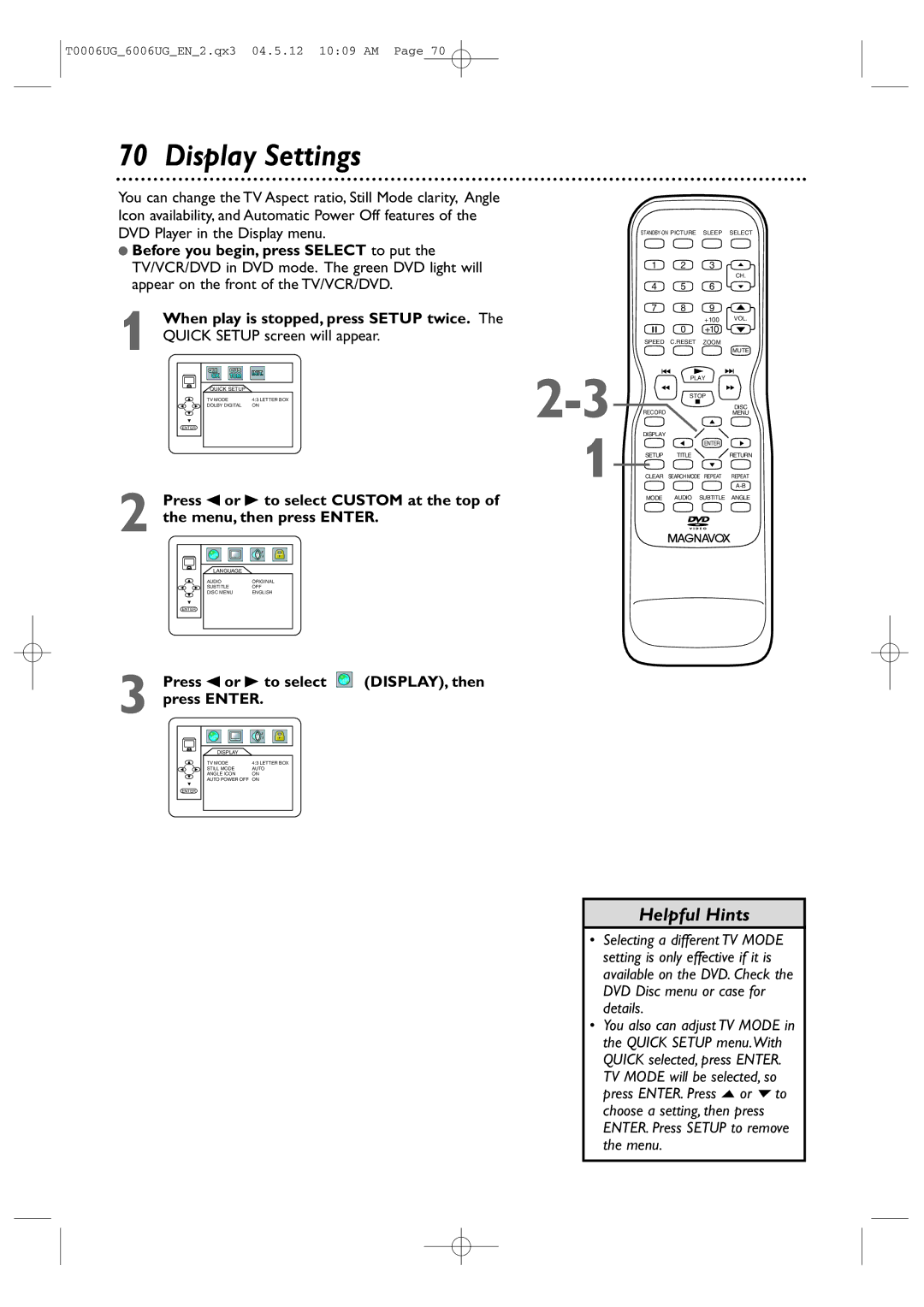 Magnavox 27MDTR20 owner manual Display Settings, Press s or B to select DISPLAY, then Press Enter 