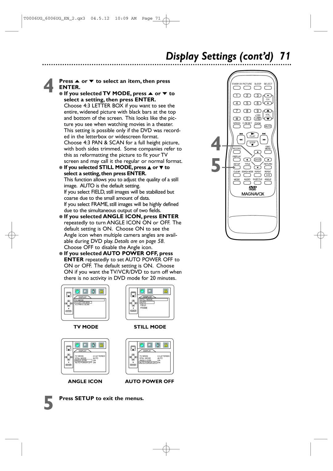 Magnavox 27MDTR20 owner manual Display Settings cont’d, Press o or p to select an item, then press 