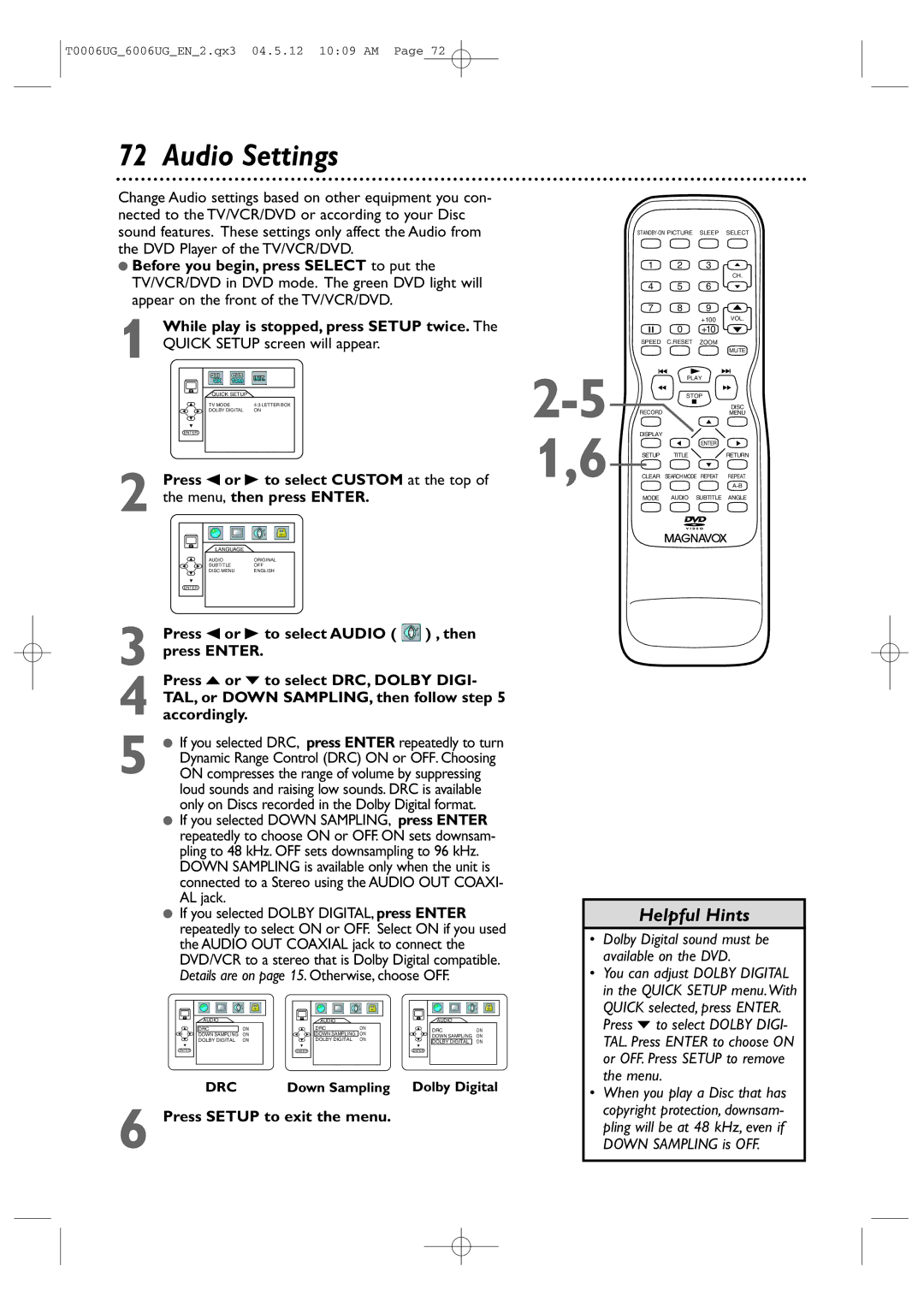 Magnavox 27MDTR20 owner manual Audio Settings, AL jack, Dolby Digital sound must be available on the DVD 