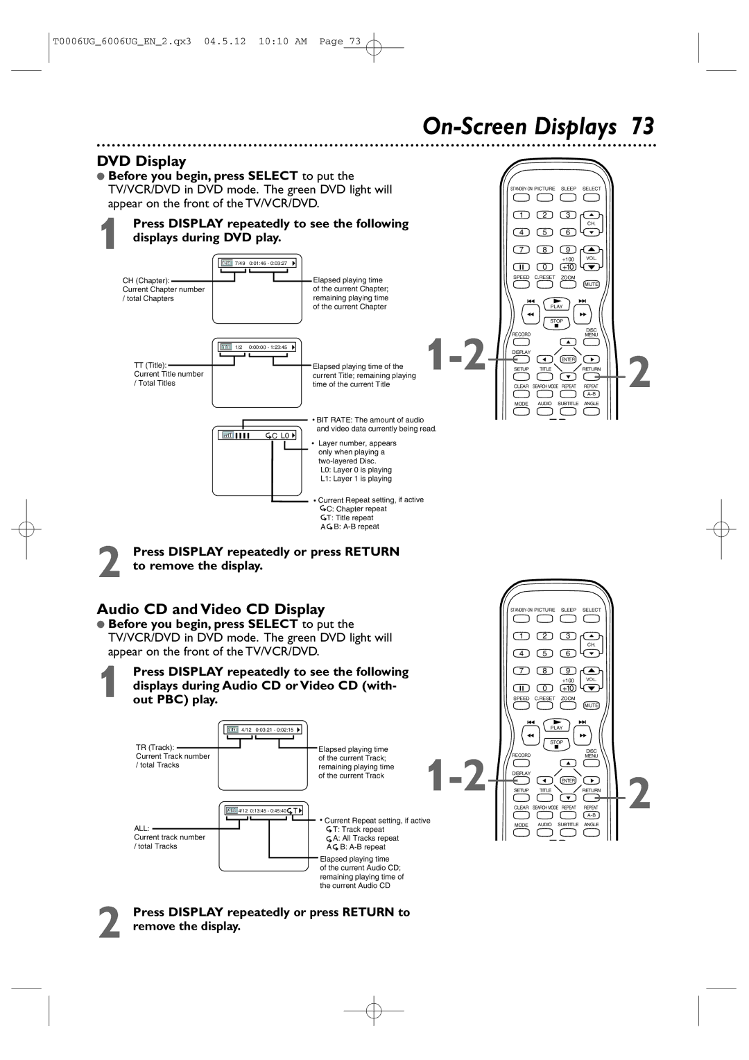 Magnavox 27MDTR20 owner manual On-Screen Displays, DVD Display, Audio CD and Video CD Display 