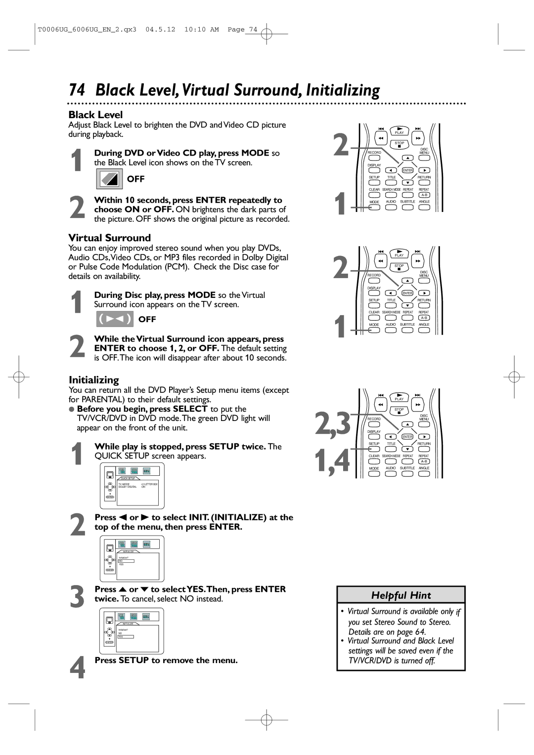 Magnavox 27MDTR20 owner manual Black Level,Virtual Surround, Initializing, During Disc play, press Mode so the Virtual 