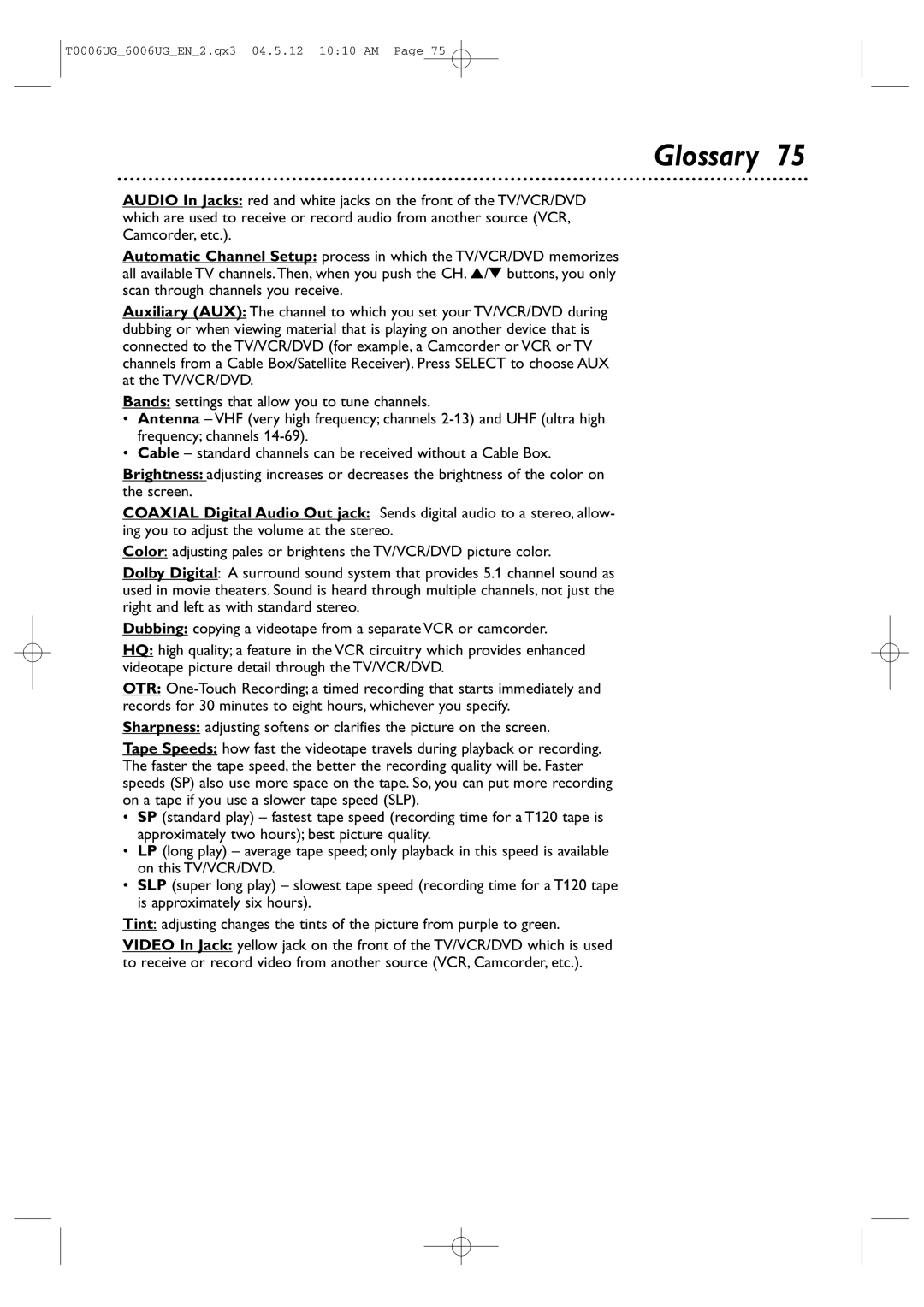 Magnavox 27MDTR20 owner manual Glossary 