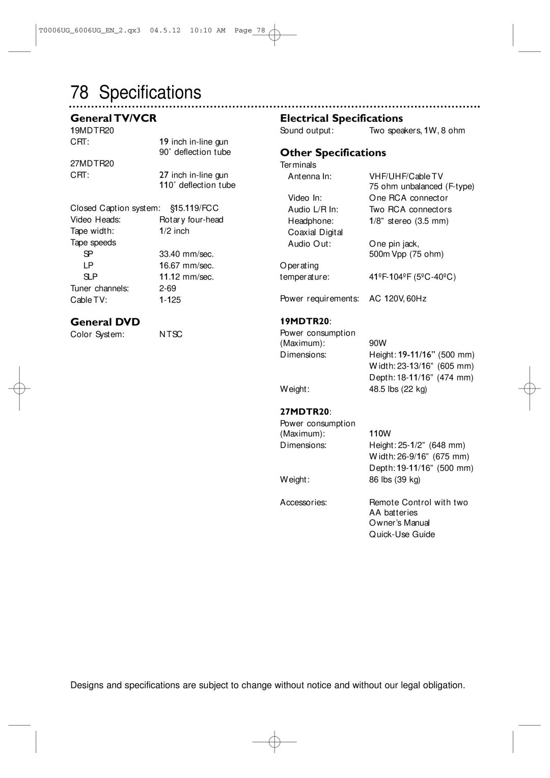 Magnavox 27MDTR20 owner manual General TV/VCR, General DVD, Electrical Specifications, Other Specifications 
