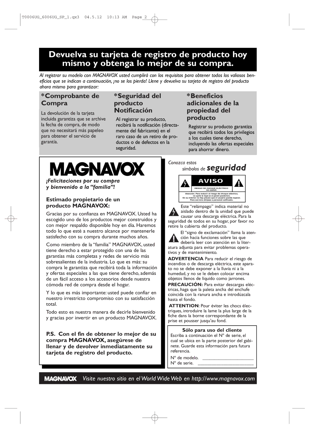 Magnavox 27MDTR20 owner manual Comprobante de Compra, Conozca estos Símbolos de seguridad 