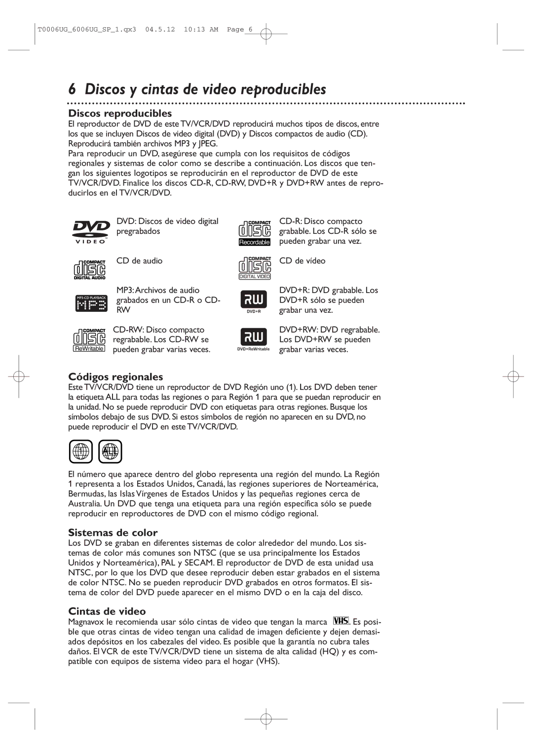 Magnavox 27MDTR20 owner manual Discos reproducibles, Códigos regionales, Sistemas de color, Cintas de video 