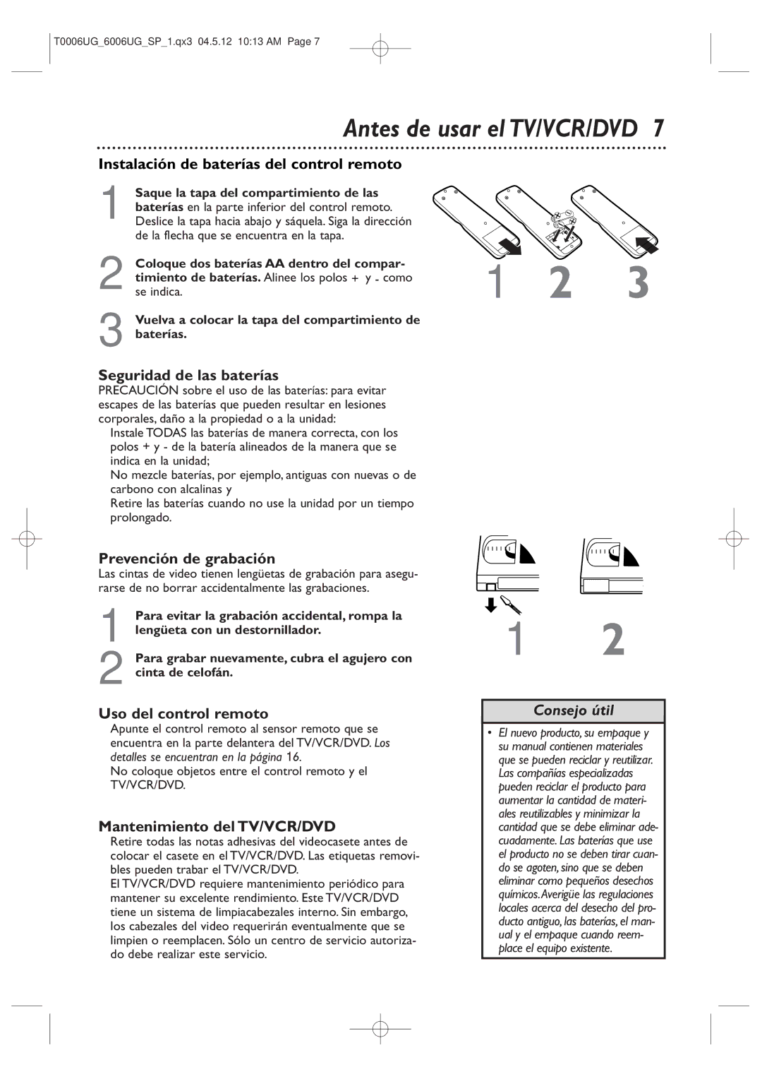 Magnavox 27MDTR20 owner manual Antes de usar el TV/VCR/DVD 