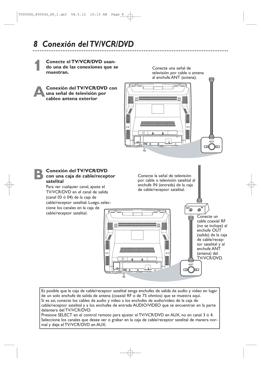 Magnavox 27MDTR20 owner manual Conexión del TV/VCR/DVD 