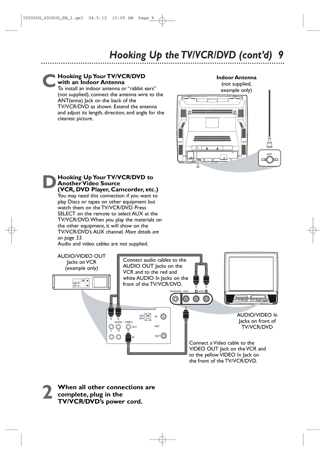 Magnavox 27MDTR20 Hooking Up the TV/VCR/DVD cont’d, Indoor Antenna, Not supplied, example only, Jacks on VCR Example only 