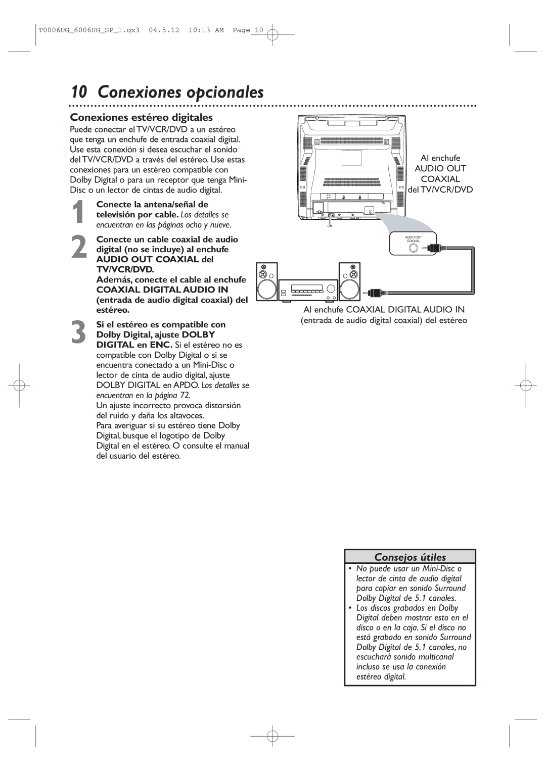 Magnavox 27MDTR20 owner manual Conexiones opcionales, Conexiones estéreo digitales 