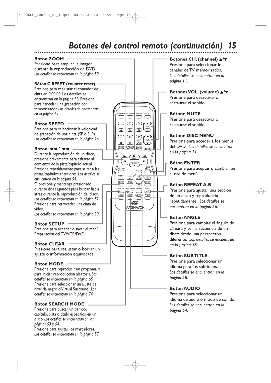 Magnavox 27MDTR20 owner manual Botones del control remoto continuación 