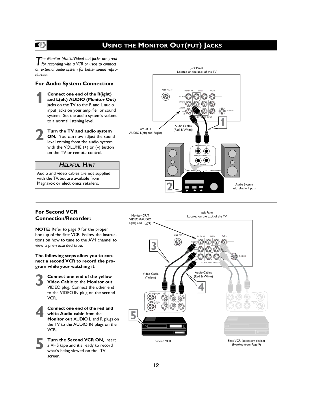 Magnavox 27MS3404R owner manual Using the Monitor Output Jacks, Connect one end of the Right and Left Audio Monitor Out 