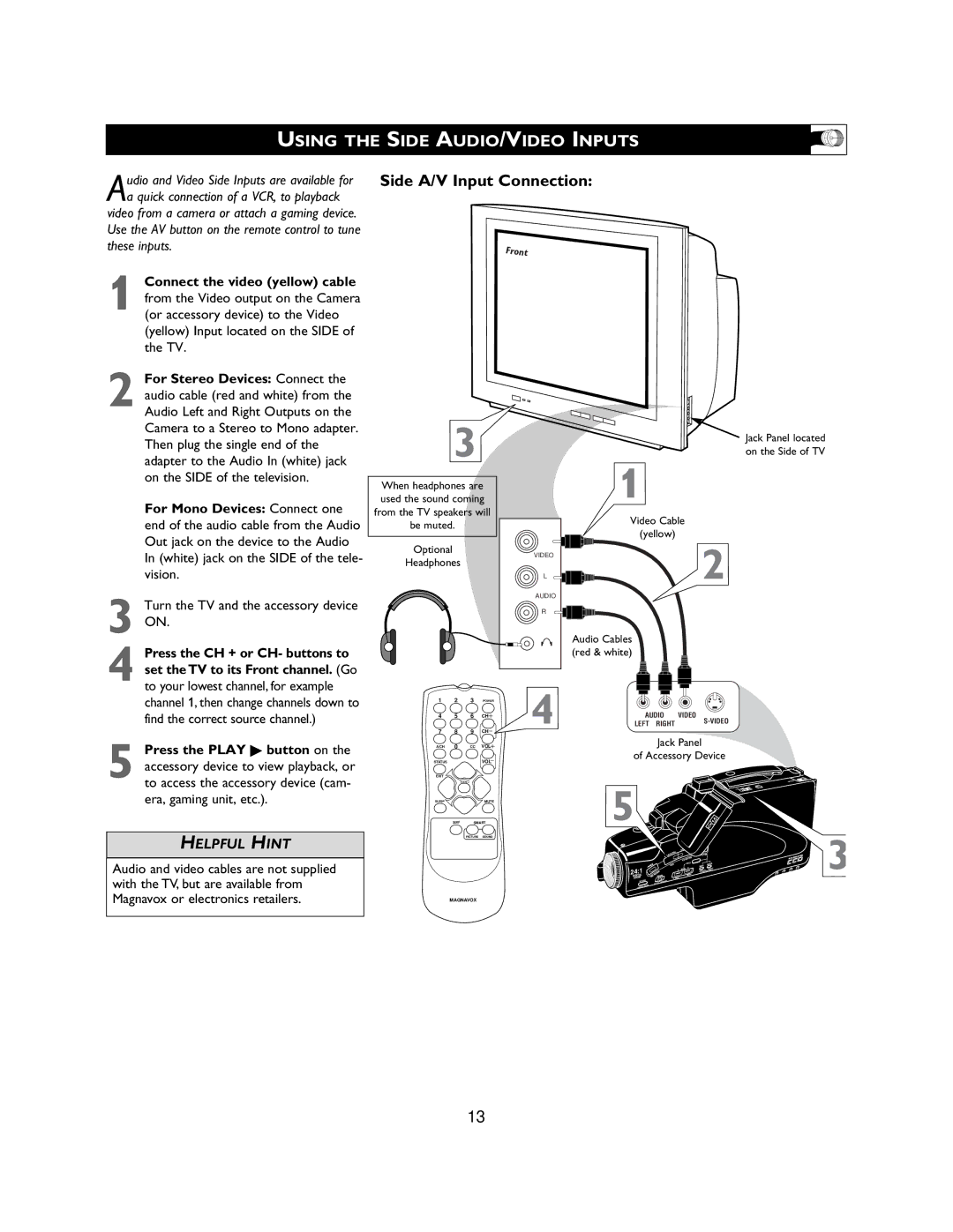 Magnavox 27MS3404R owner manual Using the Side AUDIO/VIDEO Inputs, Turn the TV and the accessory device on 