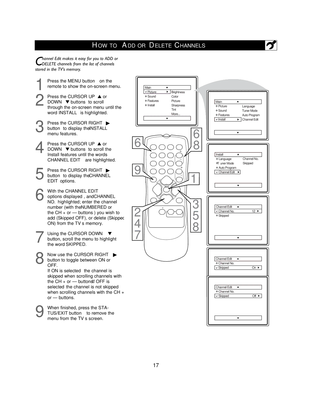 Magnavox 27MS3404R owner manual HOW to ADD or Delete Channels, Press the Cursor UP or Down buttons to scroll 