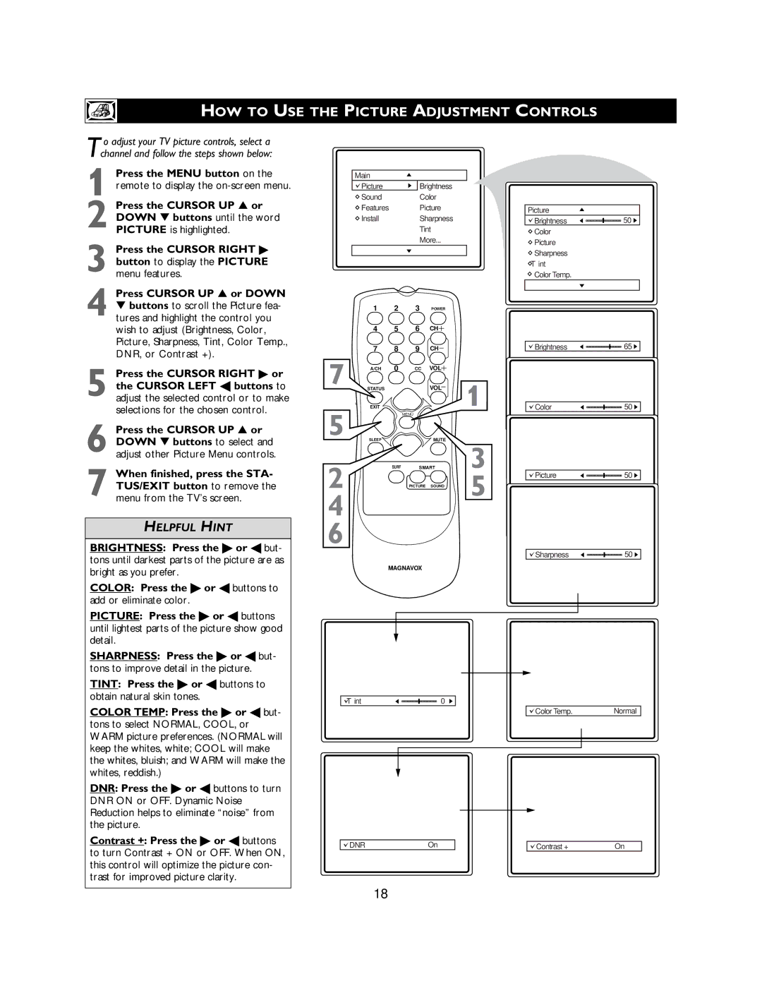 Magnavox 27MS3404R owner manual HOW to USE the Picture Adjustment Controls, Tons to improve detail in the picture 