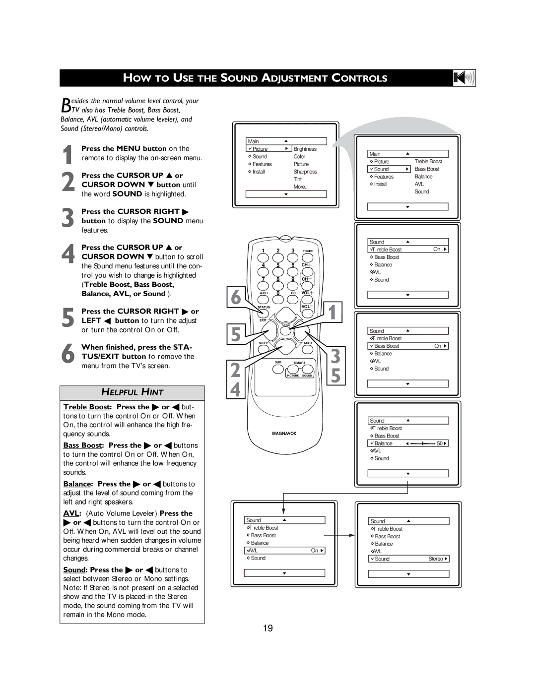 Magnavox 27MS3404R HOW to USE the Sound Adjustment Controls, Or turn the control On or Off, AVL Auto Volume Leveler Press 