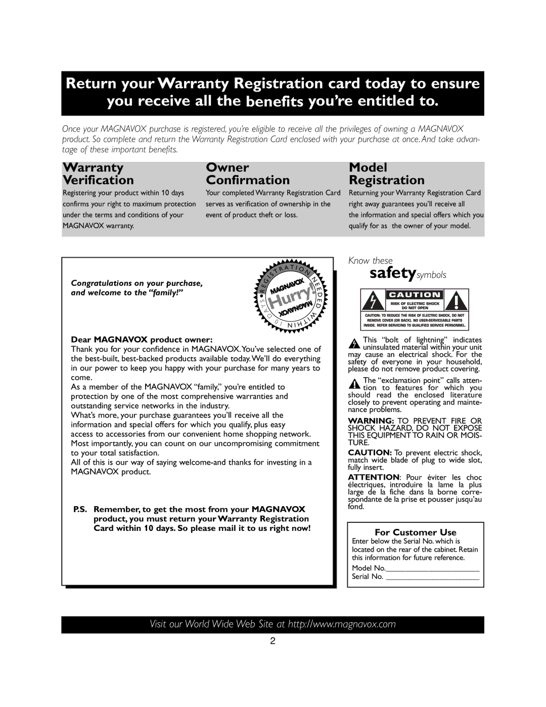 Magnavox 27MS3404R owner manual Magnavox warranty, Model No Serial No 