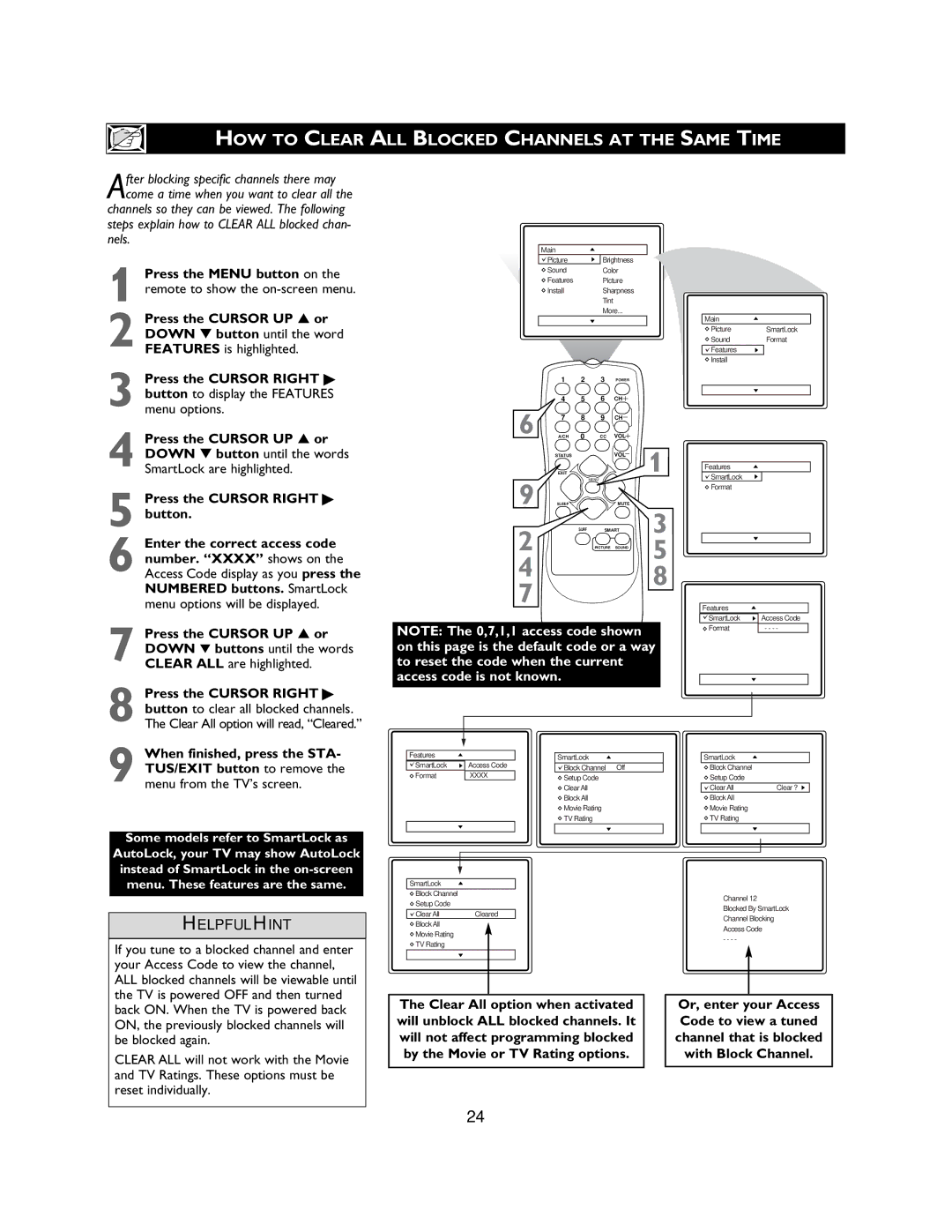 Magnavox 27MS3404R owner manual HOW to Clear ALL Blocked Channels AT the Same Time 