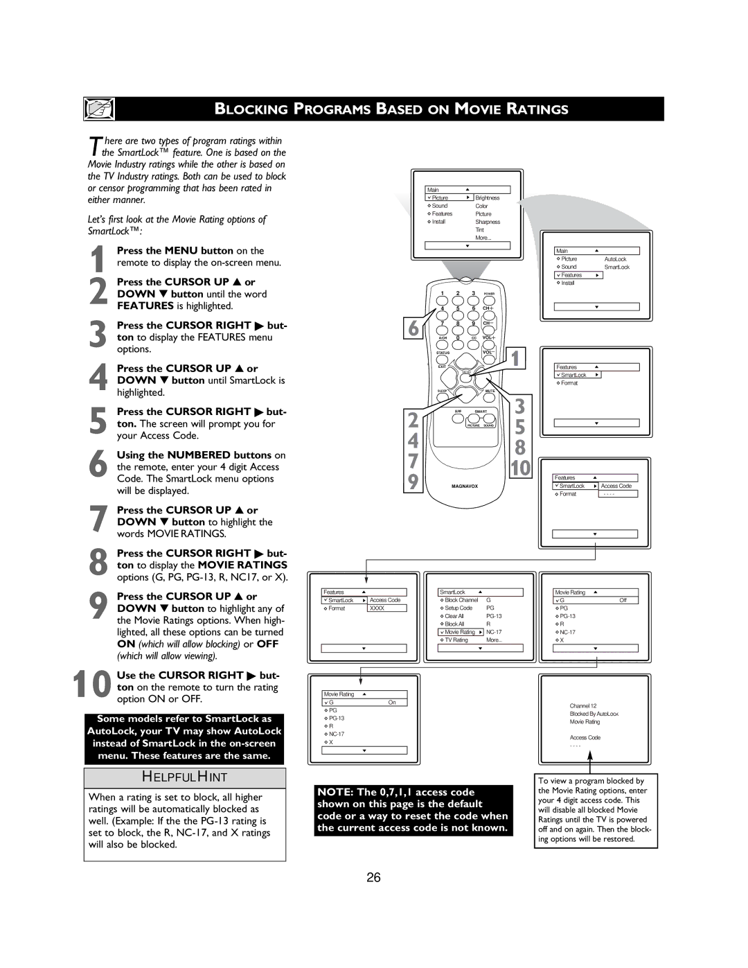 Magnavox 27MS3404R owner manual Blocking Programs Based on Movie Ratings, Code or a way to reset the code when 