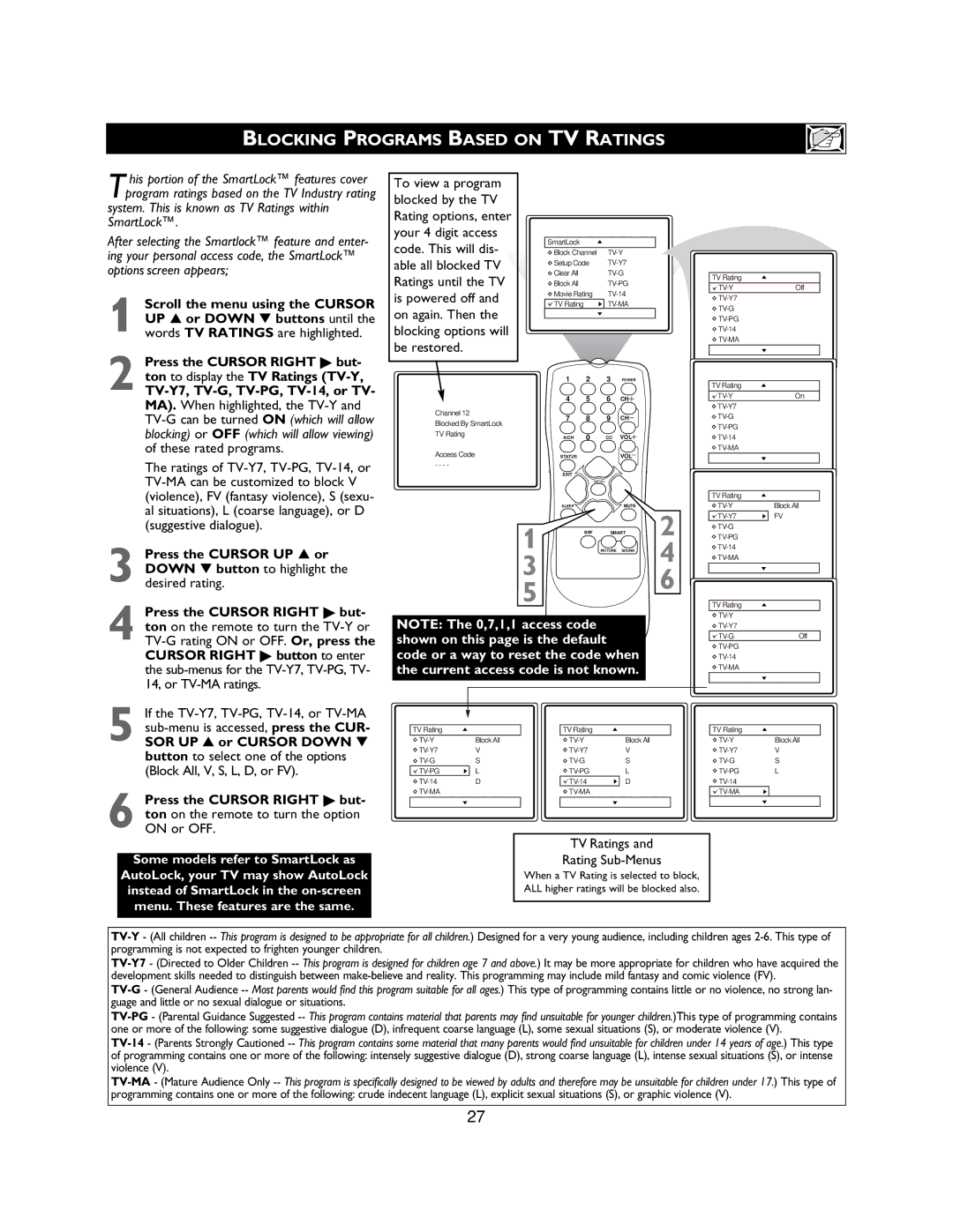 Magnavox 27MS3404R owner manual Blocking Programs Based on TV Ratings, TV Ratings Rating Sub-Menus 