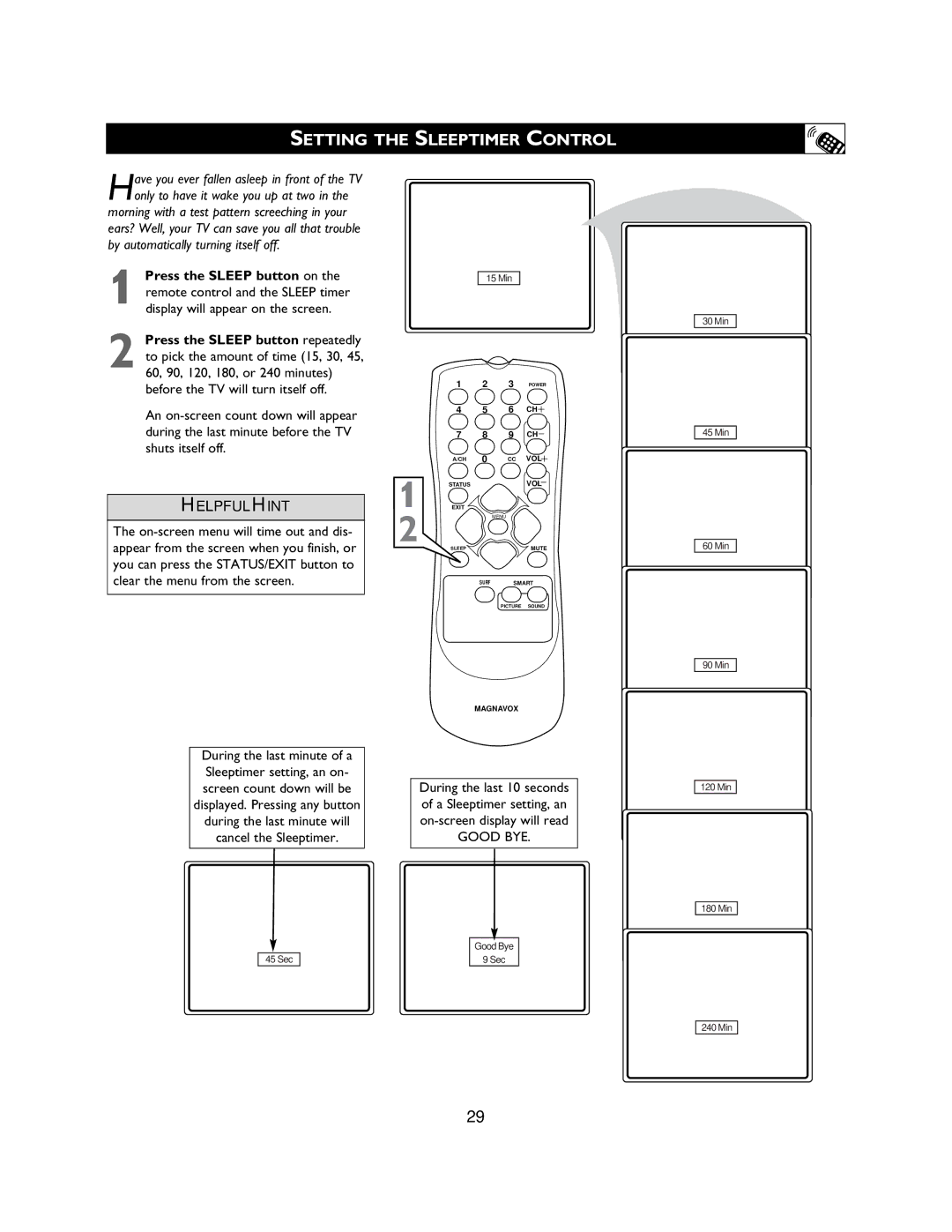 Magnavox 27MS3404R owner manual Setting the Sleeptimer Control 