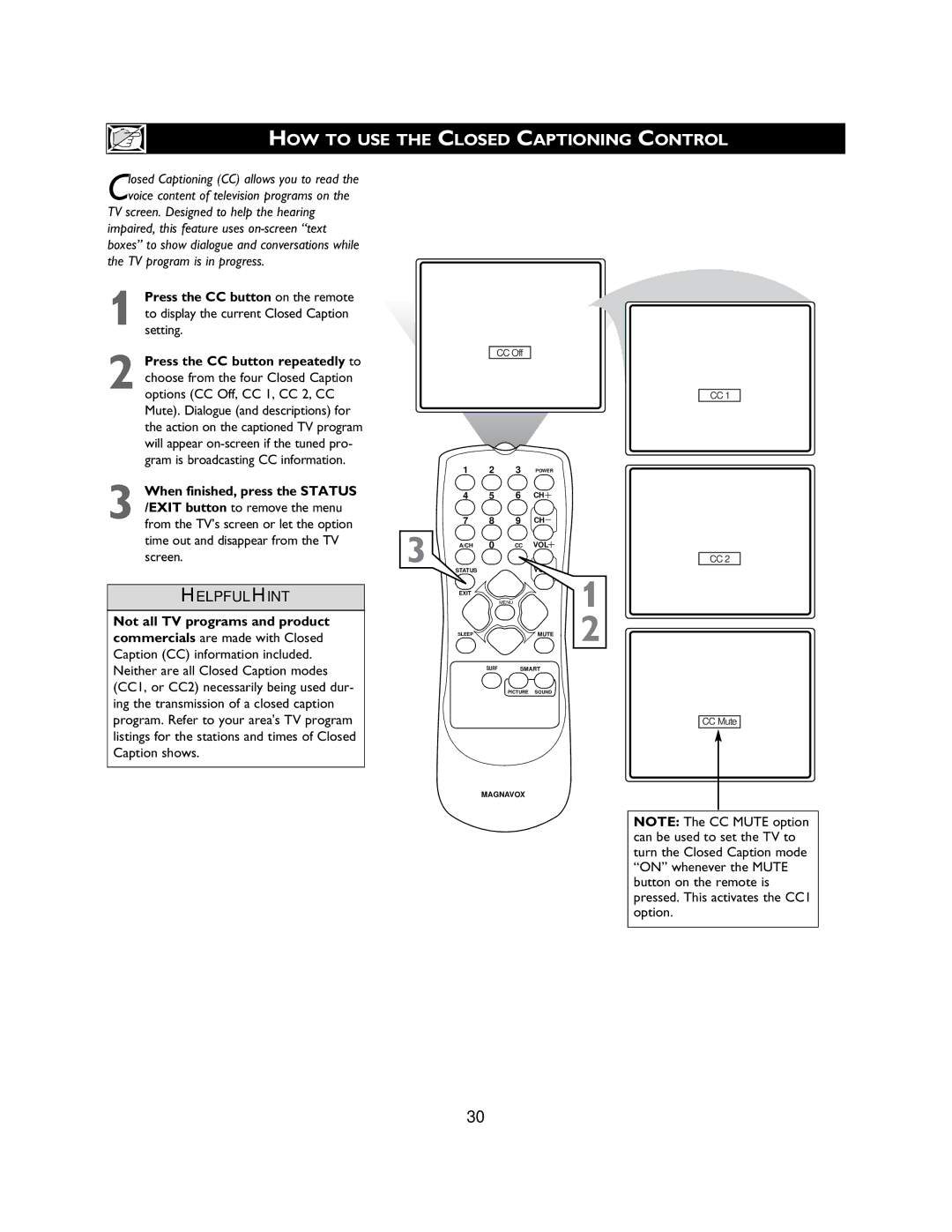 Magnavox 27MS3404R owner manual HOW to USE the Closed Captioning Control, Not all TV programs and product 