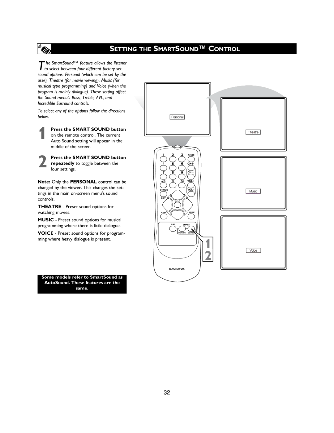 Magnavox 27MS3404R owner manual Setting the Smartsound Control, Auto Sound setting will appear in the middle of the screen 