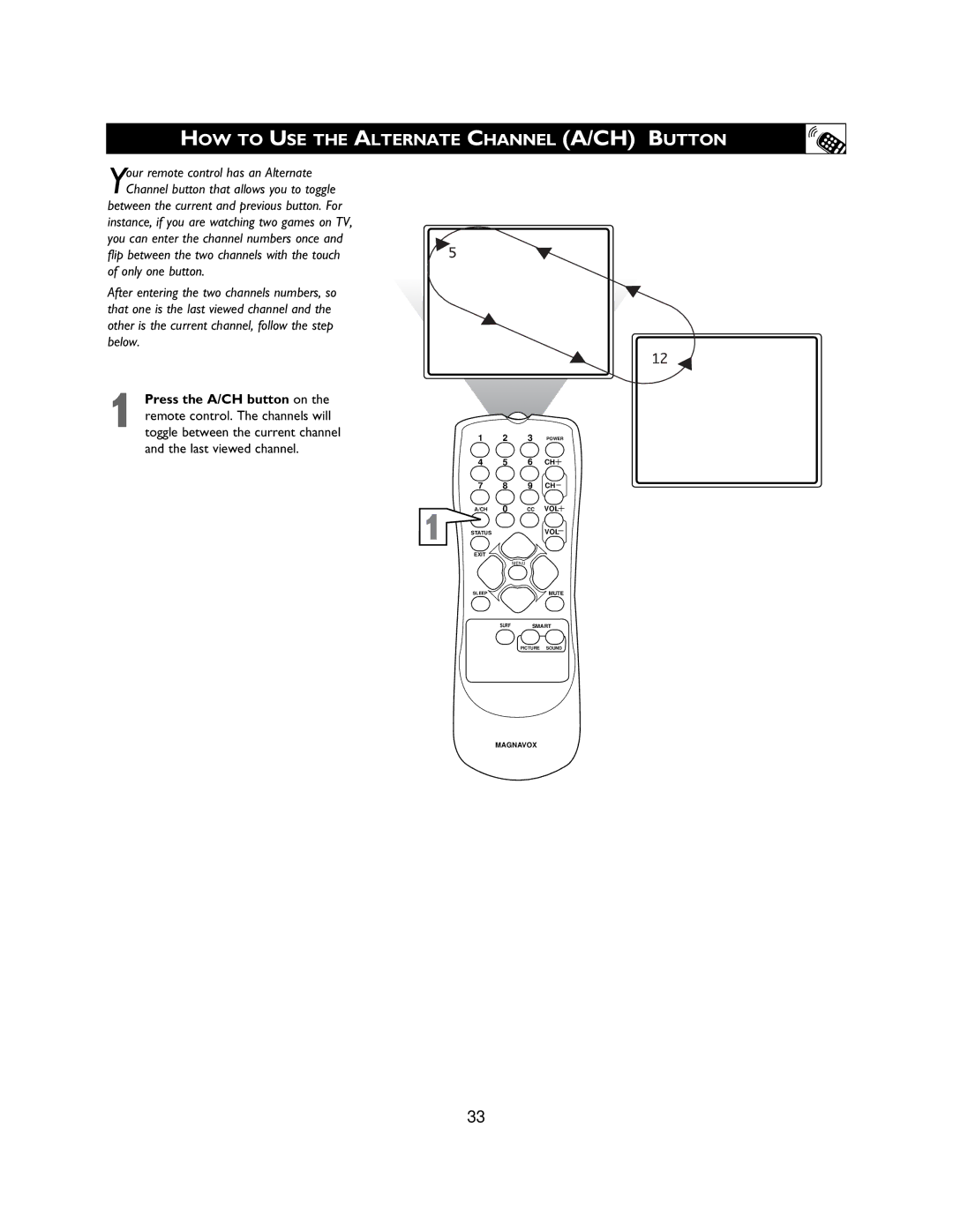 Magnavox 27MS3404R owner manual HOW to USE the Alternate Channel A/CH Button 