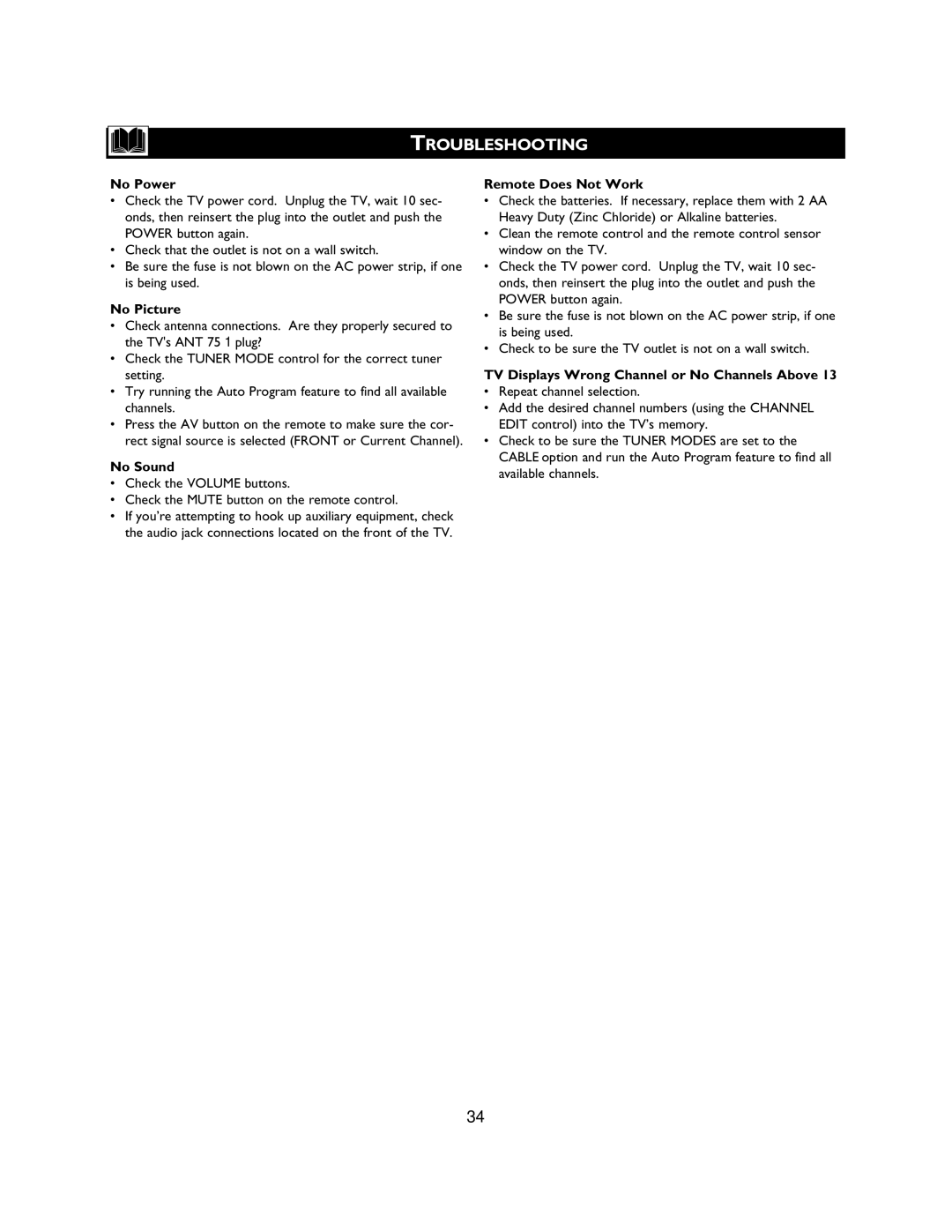 Magnavox 27MS3404R owner manual Troubleshooting 