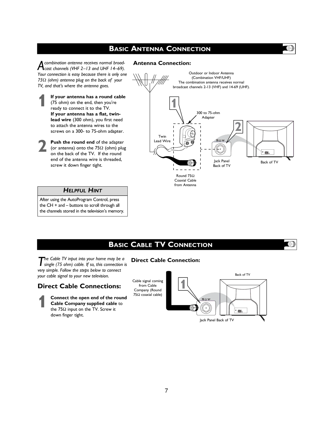 Magnavox 27MS3404R owner manual Basic Antenna Connection, Basic Cable TV Connection, If your antenna has a round cable 