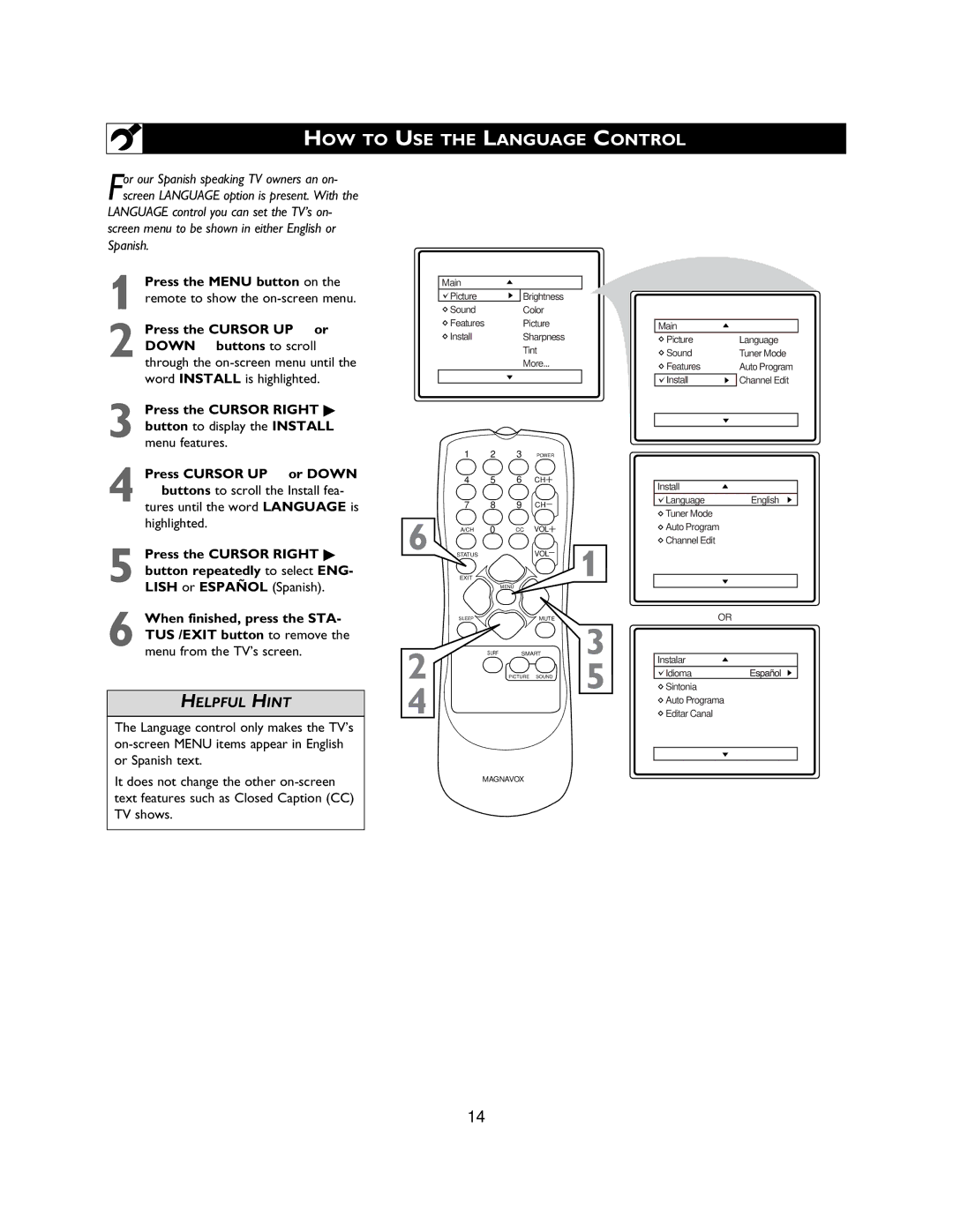 Magnavox 27MS3404R owner manual HOW to USE the Language Control, Menu features 