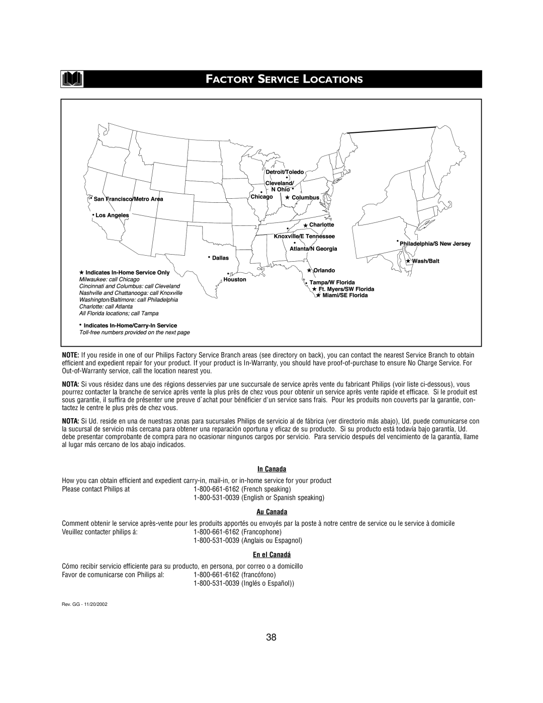 Magnavox 27MS3404R owner manual Factory Service Locations, Canada 