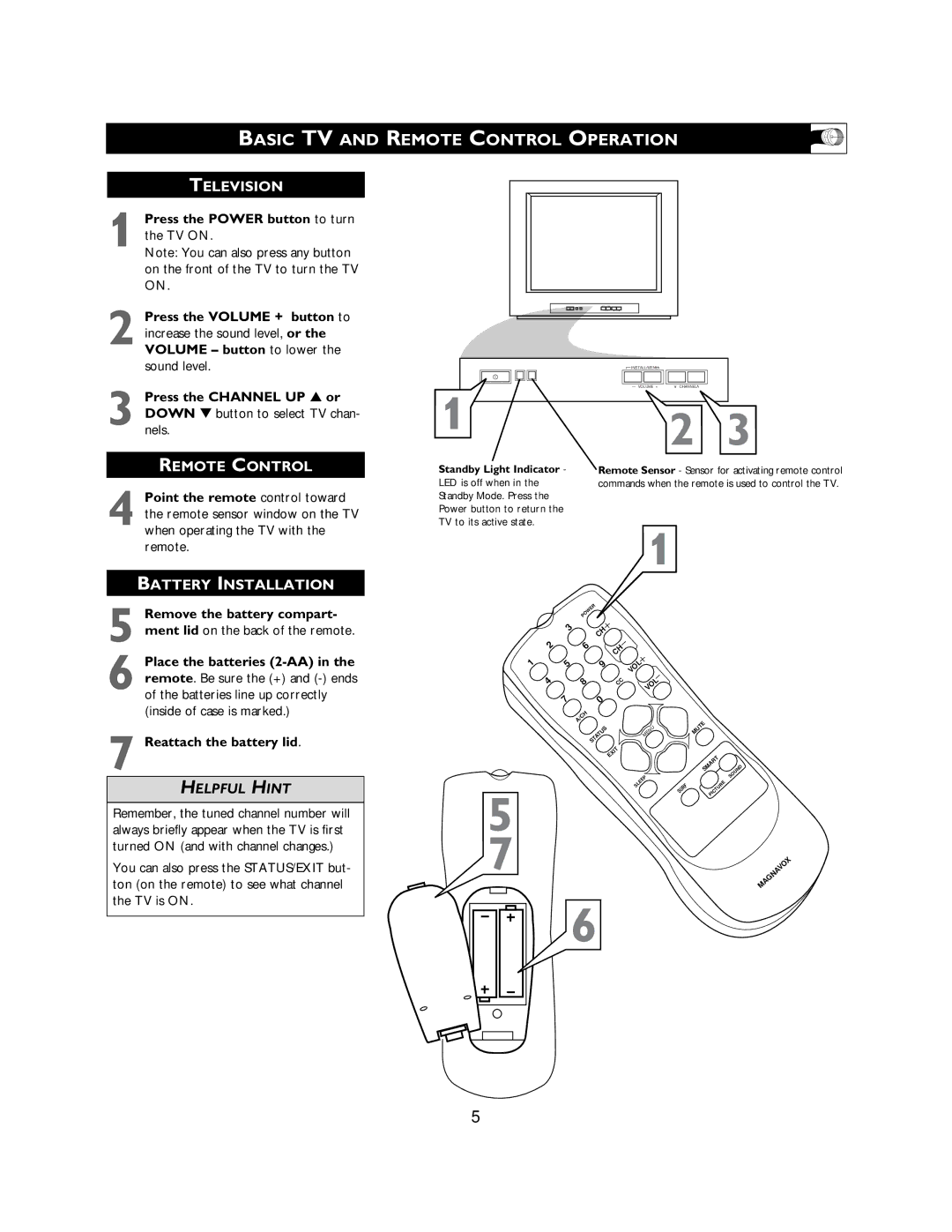 Magnavox 27MS3404R Basic TV and Remote Control Operation, Press the Channel UP or Down button to select TV chan 