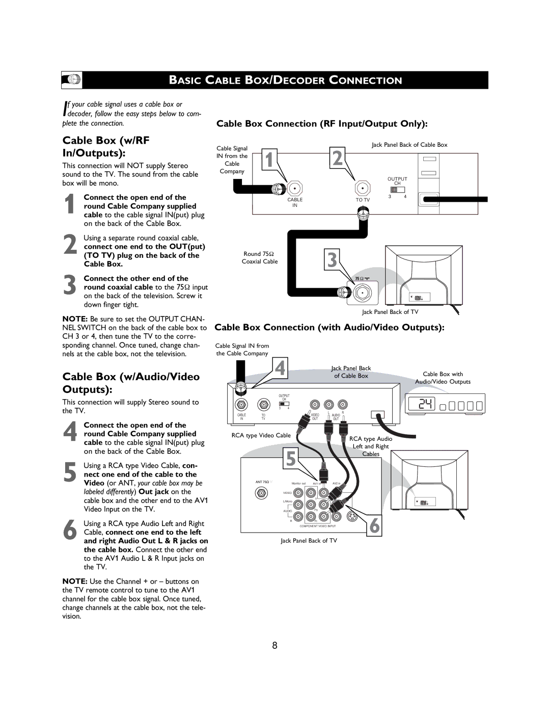 Magnavox 27MS3404R owner manual Basic Cable BOX/DECODER Connection, This connection will supply Stereo sound to the TV 