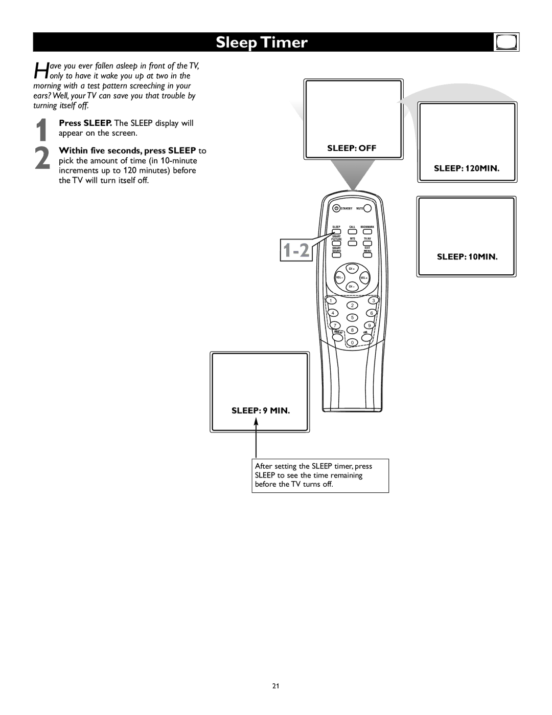 Magnavox 27MS343S Sleep Timer, Press SLEEP. The Sleep display will appear on the screen, Sleep OFF Sleep 120MIN 