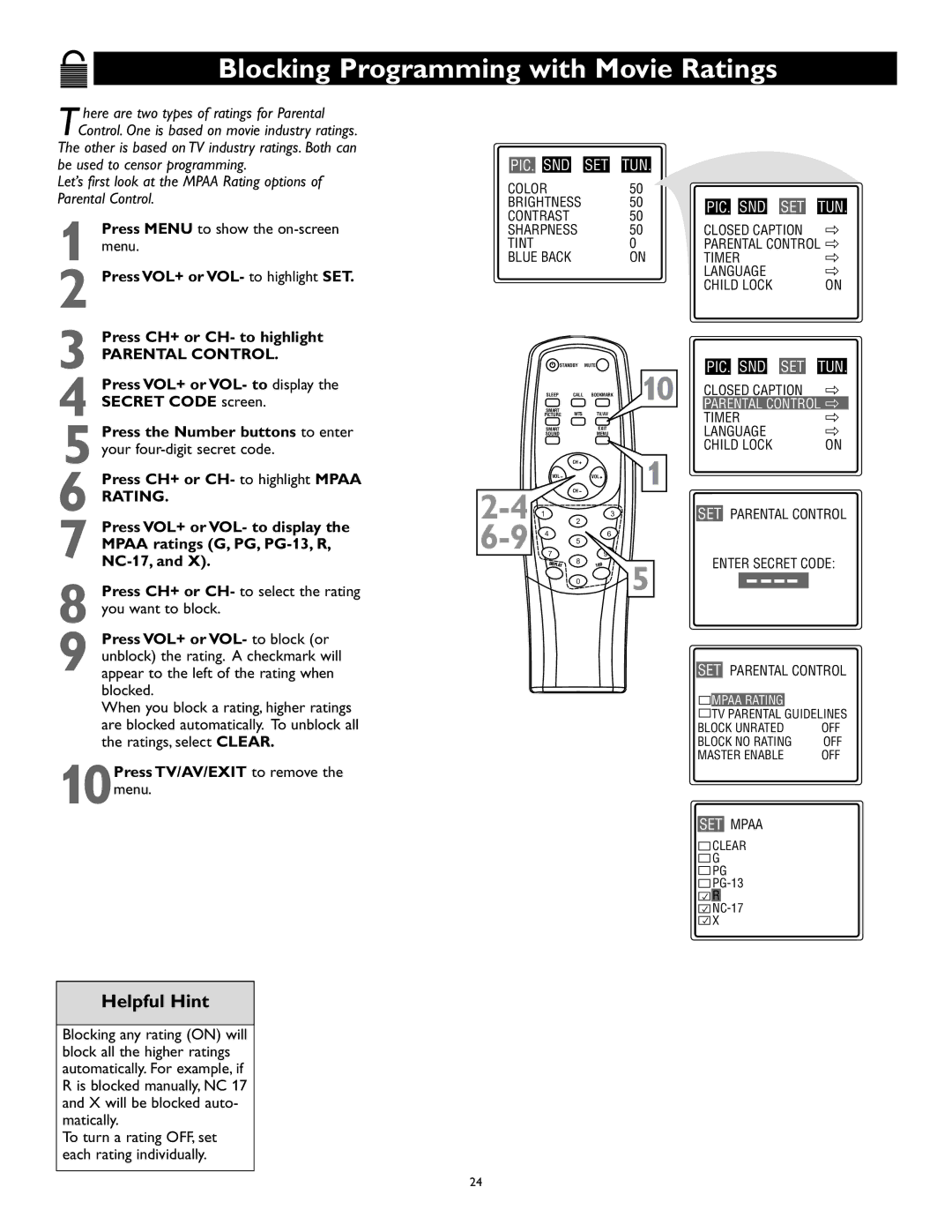 Magnavox 27MS343S owner manual Blocking Programming with Movie Ratings, 10Press TV/AV/EXIT to remove the menu 