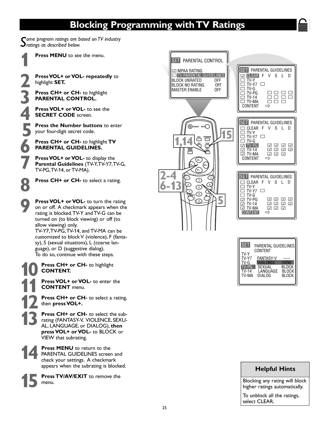 Magnavox 27MS343S owner manual Blocking Programming with TV Ratings, Content 