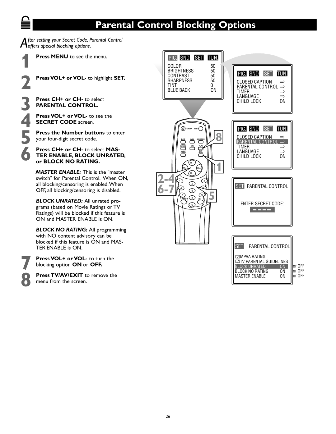 Magnavox 27MS343S owner manual Parental Control Blocking Options 