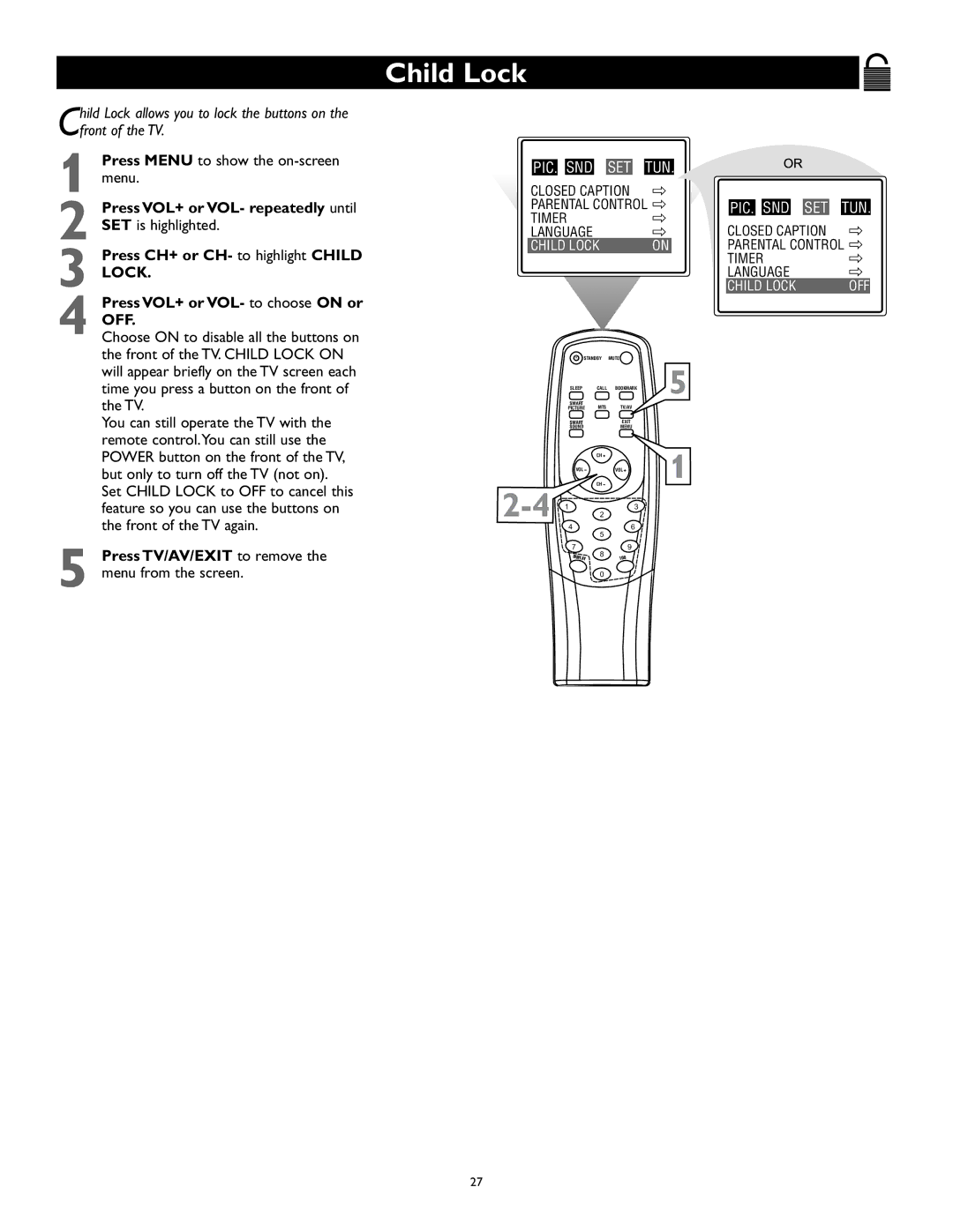 Magnavox 27MS343S owner manual Child Lock 