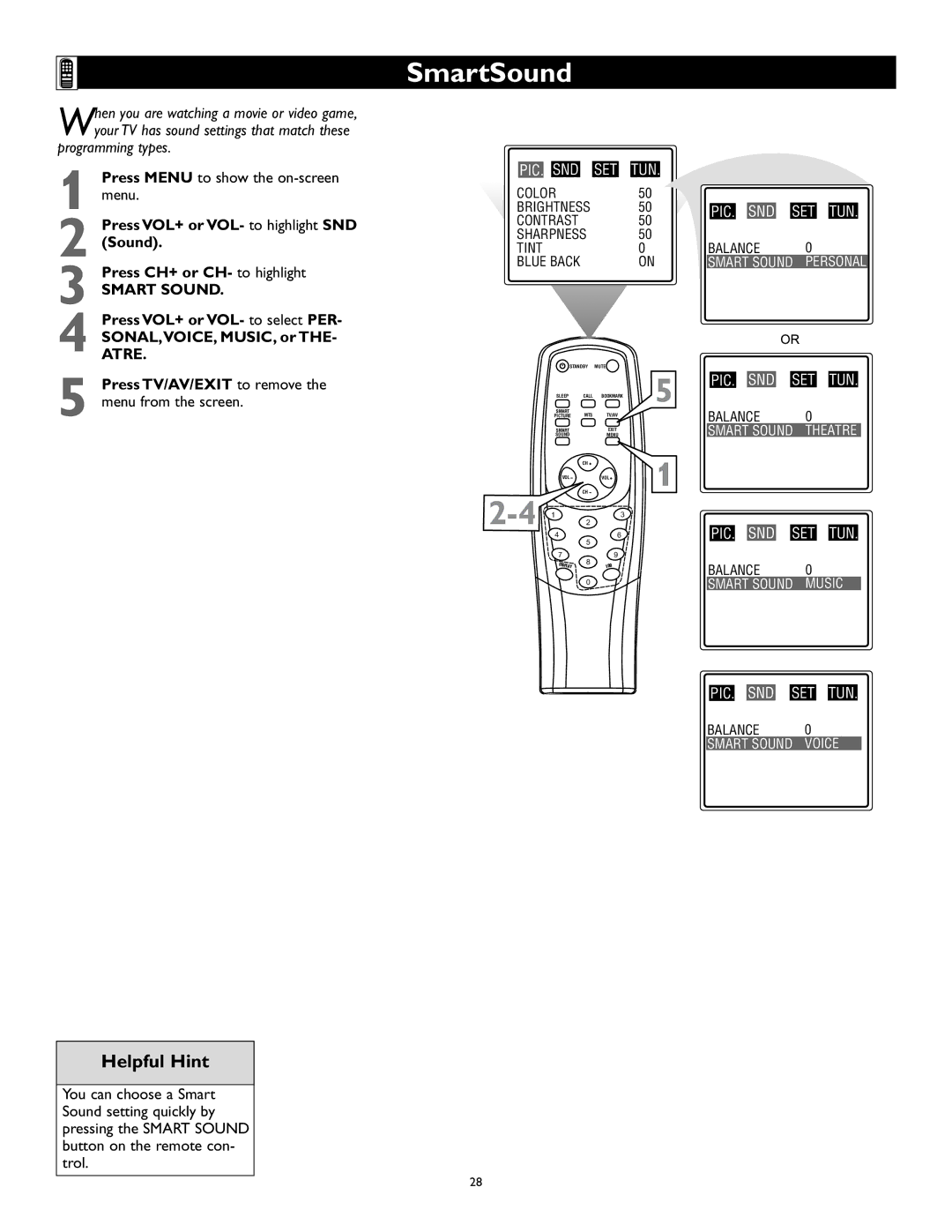 Magnavox 27MS343S owner manual SmartSound, Smart Sound 