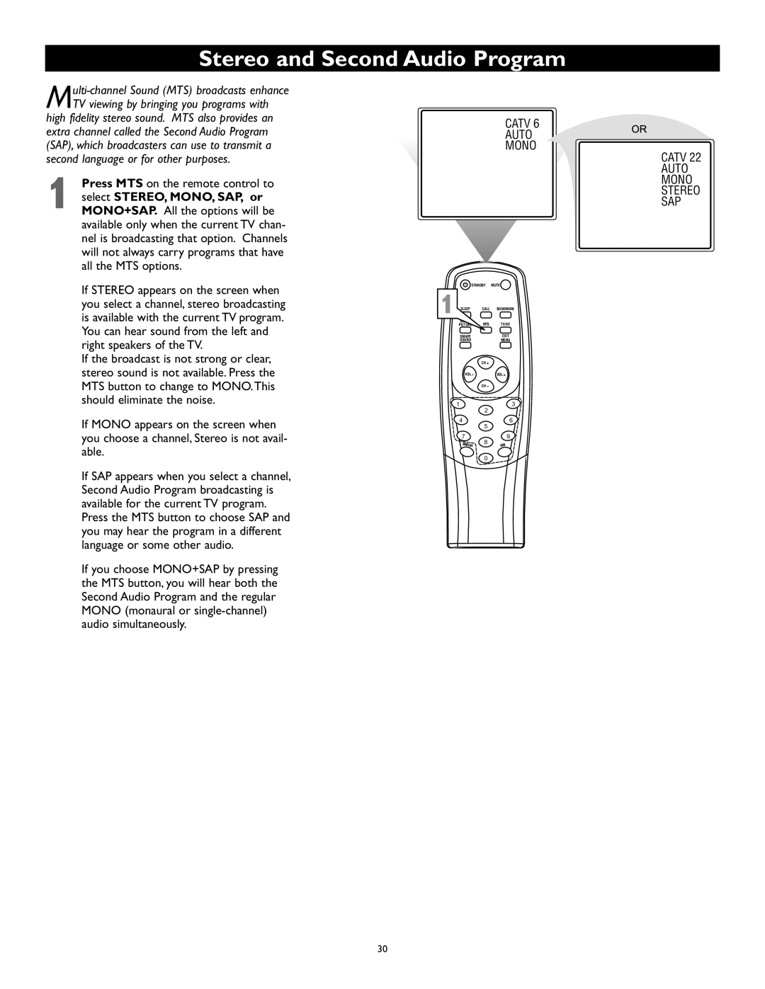 Magnavox 27MS343S owner manual Stereo and Second Audio Program, Catv Auto Mono 